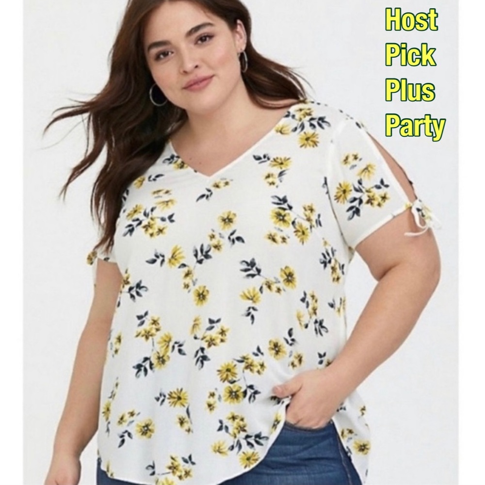 Torrid White Crepe Boho Top Yellow Flowers Open Sleeves V-Neck